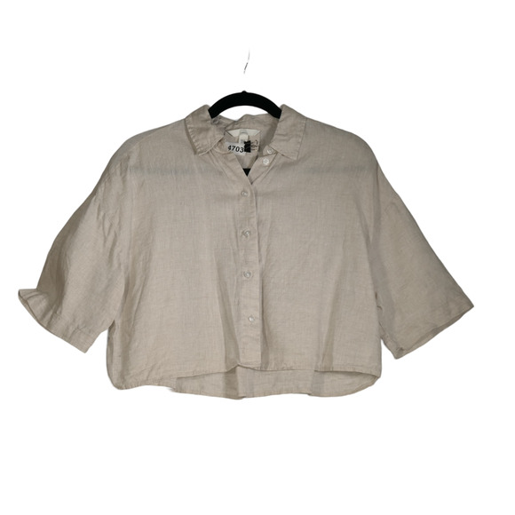 H&M Blouse Womens XS Oatmeal Cropped 100% Linen Boxy Oversize Lagenlook. - Picture 1 of 6